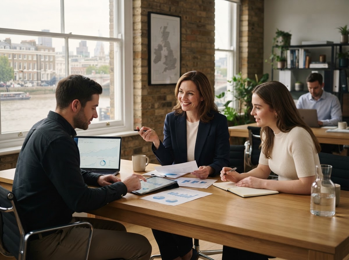 Algonix Trade analysts reviewing predictive portfolio models in a graphite-toned office